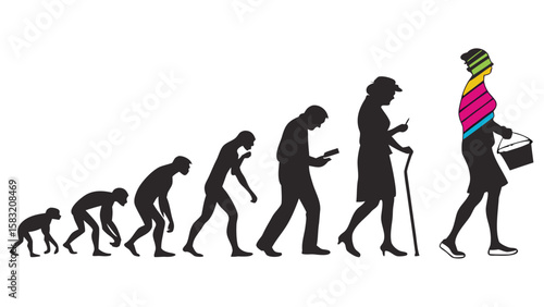 Evolutionary stages from primate to modern woman with colorful shawl and bucket silhouette art