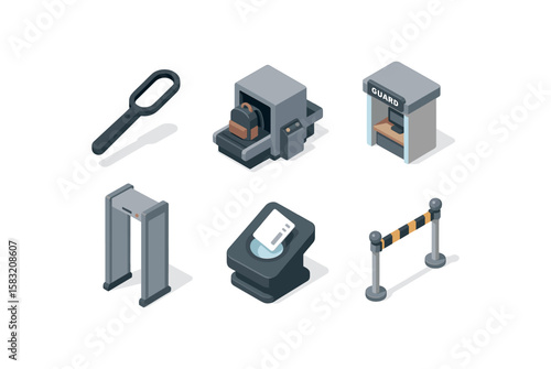 Isometric airport security checkpoint equipment icons set