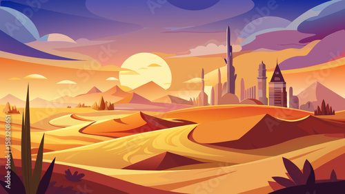 Vector art of desert city skyline with dunes at sunset