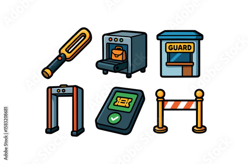 Security checkpoint icons: metal detector, x-ray, guard booth, ticket scanner, barrier