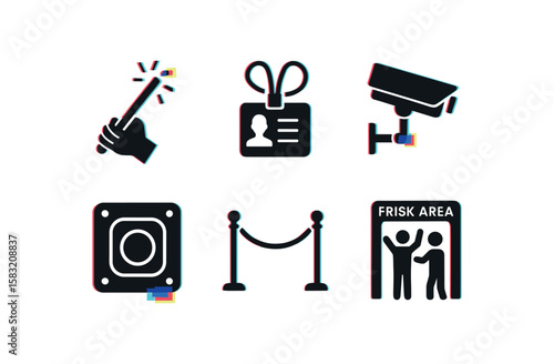 Security symbols: camera, id badge, wand, magnet, barrier, frisking area