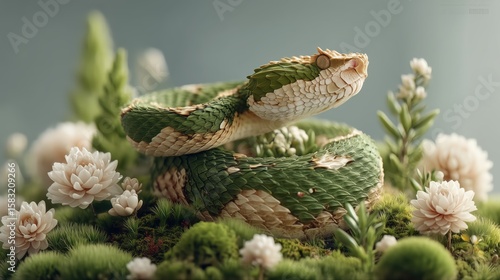 A beautifully detailed close-up of a green viper snake resting on mossy ground with small flowers, showcasing its intricate scales and natural beauty. Concept for wildlife and snake photography