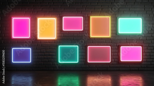 Fototapeta Naklejka Na Ścianę i Meble -  Neon sign frames on a brick wall