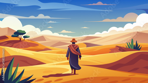 Vector art of a man in a hat journeys across a sundrenched desert