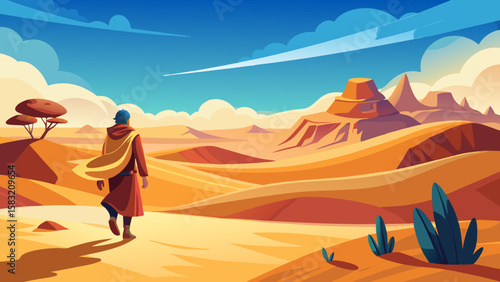 Vector art of a traveler walks towards ancient structures in the desert