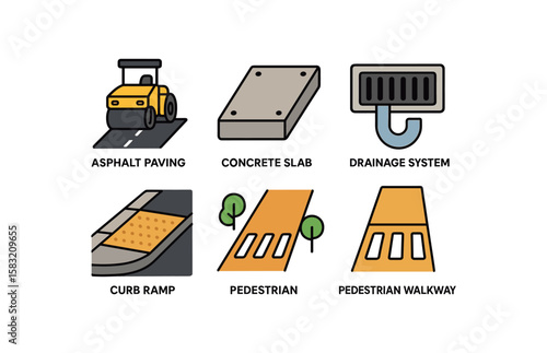 Urban construction elements: asphalt paving, concrete slab, drainage system, curb ramp, pedestrian, pedestrian walkway