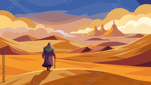 Vector art of a robed figure with a staff traverses a desert landscape
