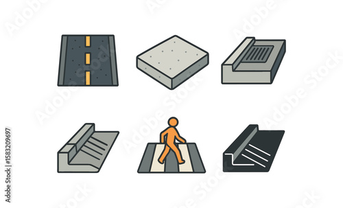 Road and pedestrian icons with crosswalk and infrastructure elements