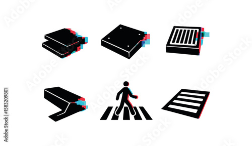 Glitch art icons of infrastructure elements in black and white