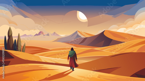 Vector art of a solitary figure traverses a desert with mountains in the distance