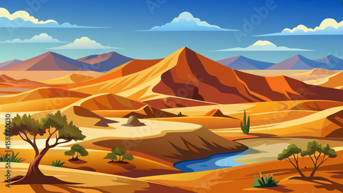 Vector art of stylized desert scene with rolling dunes and a river