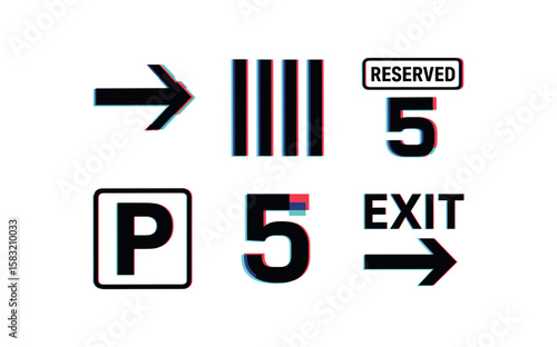 Retro 3d sign collection featuring arrow, barcode, parking, reserved, and exit symbols