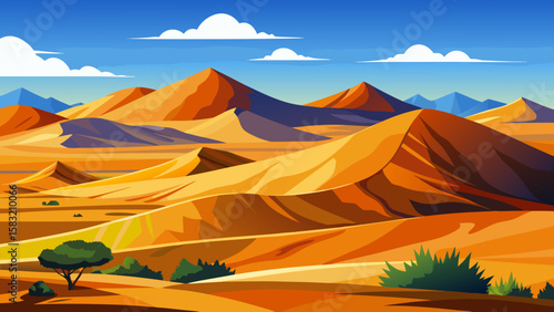 Vector art of golden desert dunes under a bright blue sky