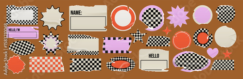 Torn paper name tags and wrinkled checkerboard stickers in grunge scrapbook retro school label style. Vintage distressed blank elements for collage, creative templates, graphics.