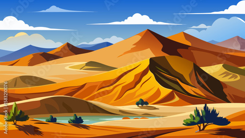Vector art of serene desert oasis with trees and sand formations