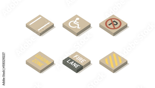 Isometric traffic signs collection: handicap, no parking, loading zone, fire lane