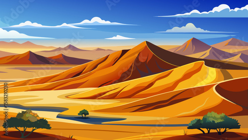 Vector art of desert landscape with dunes, river, and a lone tree