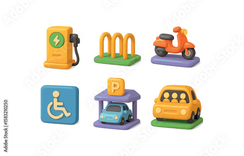 Colorful transportation icons with scooter, car, charging station, and parking