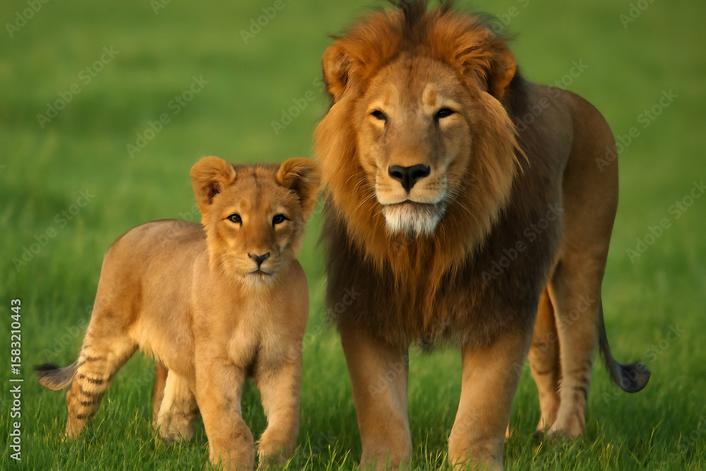Obraz premium Graceful male lion stands with his cub in the vibrant green grassland, offering a captivating portrait of wildlife and nature.