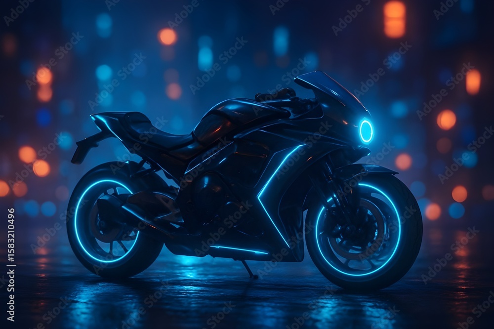 Futuristic motorcycle with blue neon accents glowing Futuristic motorcycle with blue neon accents glowing
