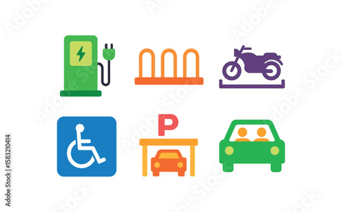 Electric station, bicycle rack, motorcycle, handicap sign, parking, car icons