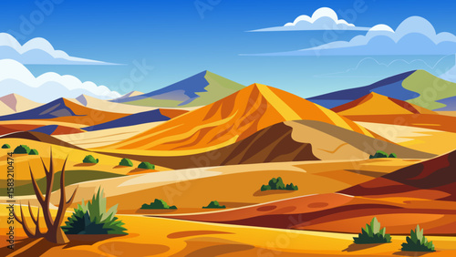 Vector art of colorful desert panorama with layered mountains and sparse vegetation