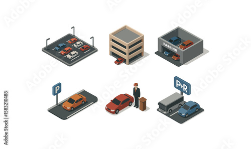 Isometric transportation infrastructure icons with cars, park, ride, garage