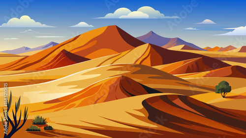 Vector art of expansive desert vista with undulating sand dunes
