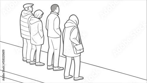 Line drawing of four people standing next to each other looking at a blank wall in monochrome style