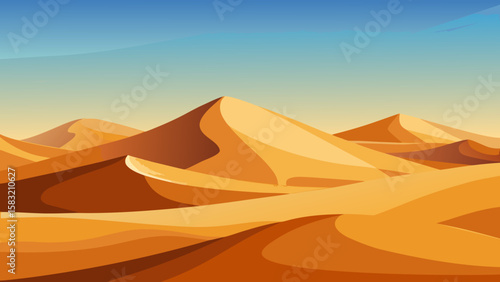Vector art of golden desert dunes stretch across the horizon under a blue sky