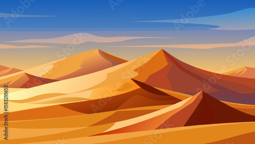 Vector art of vast desert dunes under a clear blue sky with wispy clouds