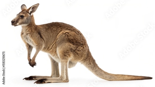 Kangaroo with baby joey in pouch against white background