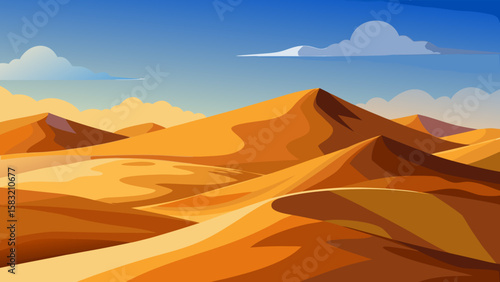 Vector art of rolling desert dunes under a bright blue sky with scattered clouds