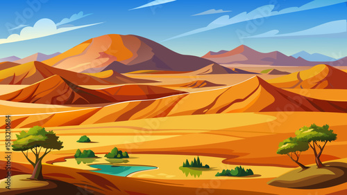 Vector art of desert oasis with water, sand dunes, and trees