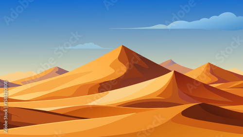 Vector art of golden desert dunes under a clear blue sky with clouds