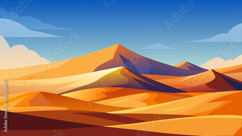 Vector art of vast desert landscape with rolling sand dunes and blue sky