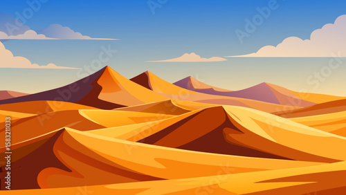 Vector art of rolling desert dunes under a bright blue sky with clouds