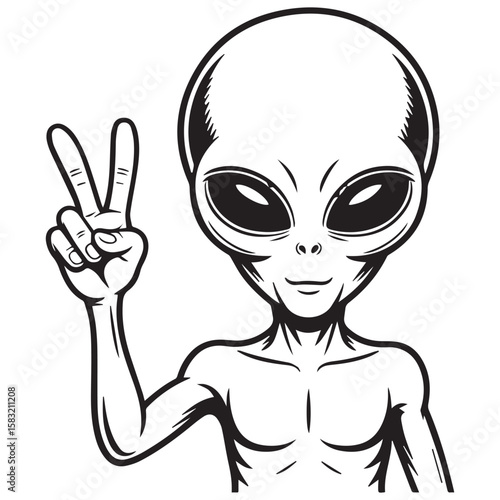 Friendly alien giving the peace sign with its hand a stylized black and white illustration