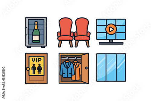 Collection of gym equipment icons: bench, boots, massage table, buttons, water cooler, shelf