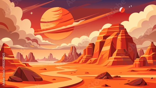 Vector art of alien planet landscape with a large ringed planet