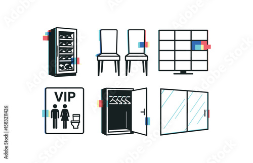 Simple icons of wine fridge, chairs, tv, vip sign, wardrobe, sliding door