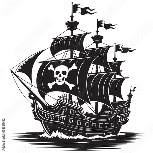 Majestic black silhouette of a pirate ship with full sails and a jolly roger flag sailing on choppy seas