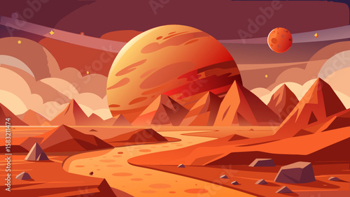 Vector art of alien planet landscape with a ringed planet and mountains