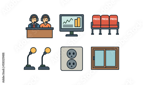 Broadcast icons set with announcers and press chairs in flat design