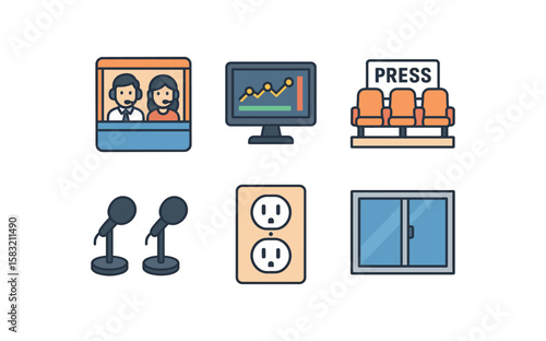 Media icons set: commentators, chart, press, microphones, outlet, window