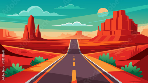 Vector art of a desert highway leads to mountains under a sunny sky