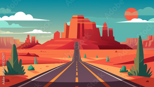 Vector art of a scenic desert highway leads to majestic rock formations