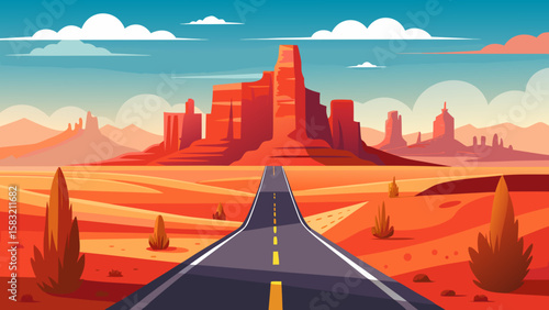 Vector art of a scenic desert highway leads to majestic rock formations