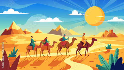 Vector art of a desert caravan journeys towards ancient pyramids under the sun
