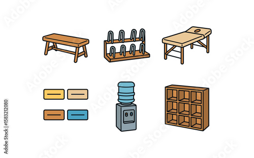Fitness equipment icons: bench, rack, massage table, water dispenser, storage unit, weights